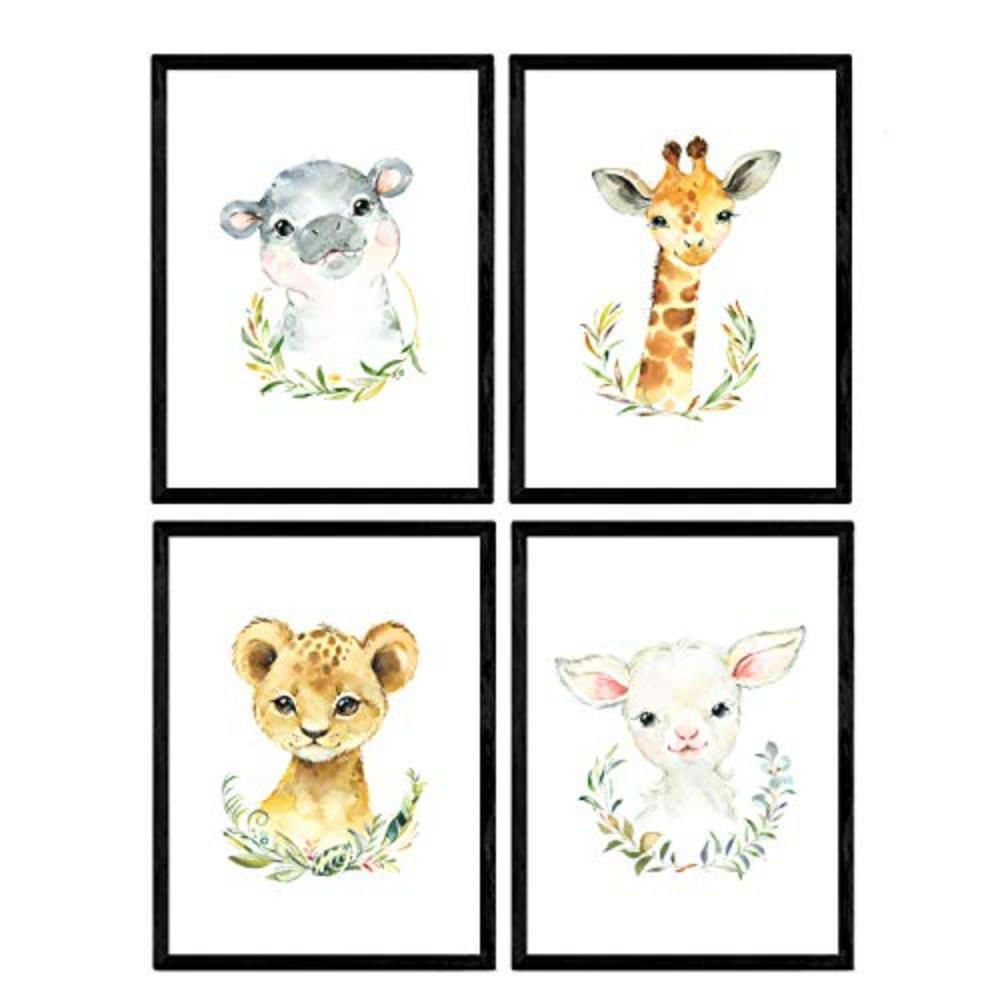 POSTER Set mit 4 Girafa Ziege Nilpferd und Löwe A4 Rahmenlos - Klar, Papier (29.7/3cm) - Nacnic