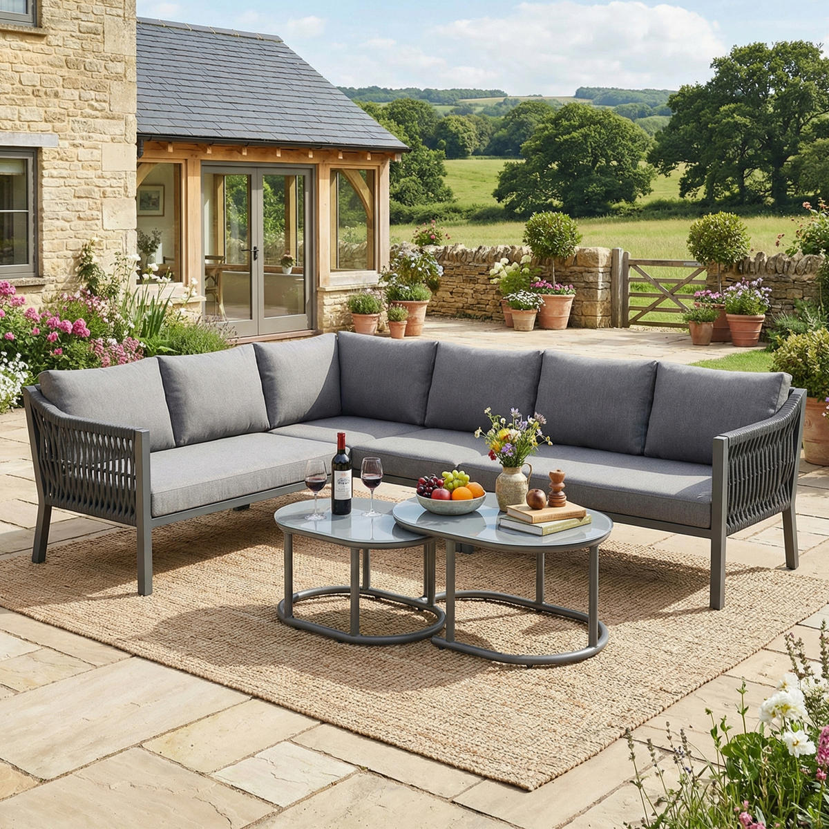 GARTENLOUNGE-SET für 6 Personen Garten-Essgruppe mit zwei Couchtische und ein Sofa - Grau, Textil/Metall - STILVORA