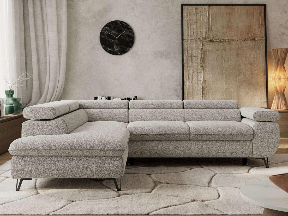 ECKSOFA PABLO L Hellgrau Struktur - Links Seite mit T25 Topper - Hellgrau/Schwarz, Textil/Metall (208/273cm) - MKS