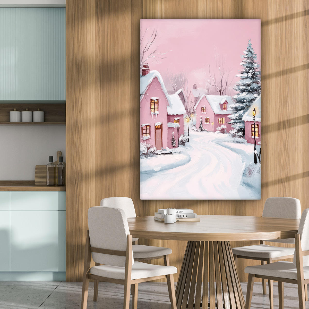 LEINWANDBILD Weihnachtsdorf - Rosa - Winter - Schnee - Häuser 80x120 cm - Altrosa, Textil (80/120cm) - MuchoWow