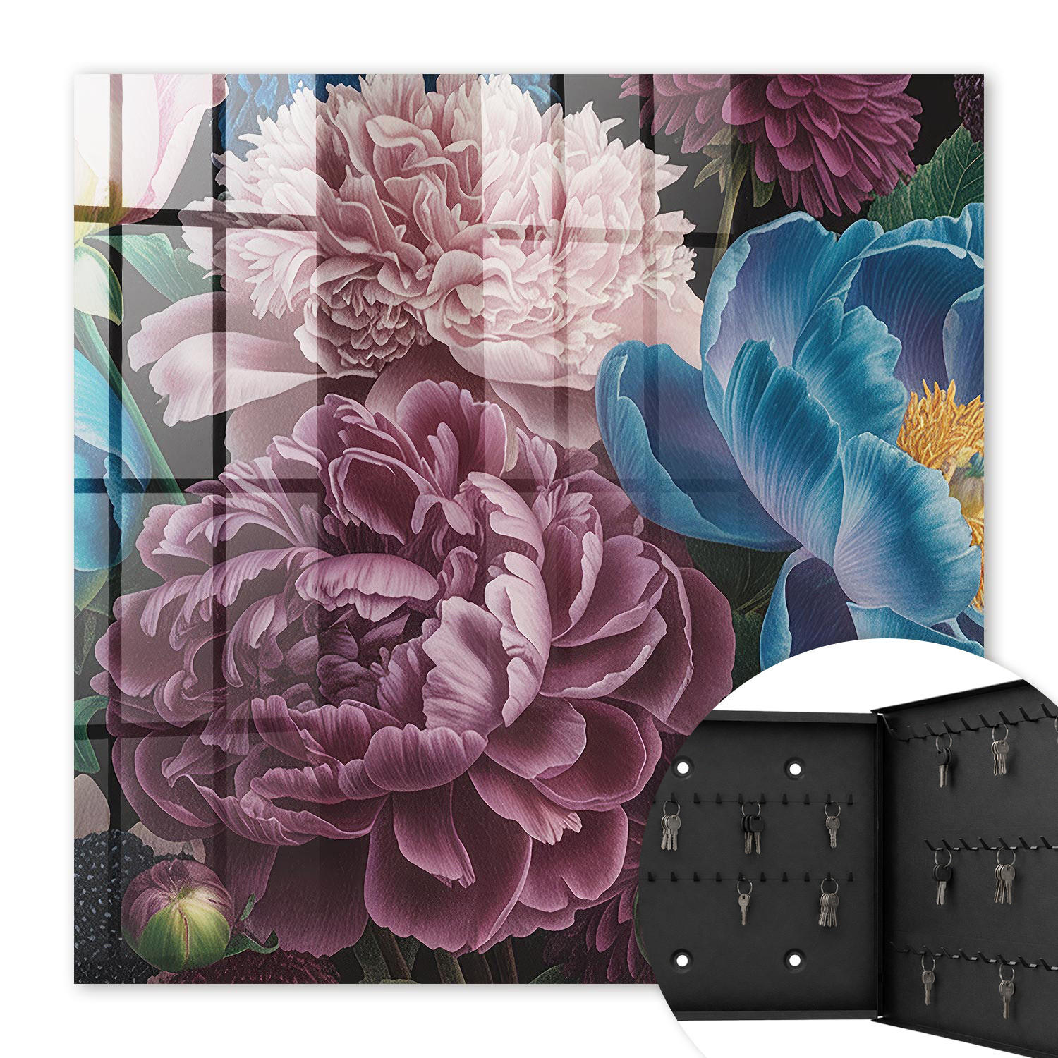 SCHLÜSSELBOX Schwarz 30x30 cm- Türöffnung nach rechts - Bunte Blumen - Pink, Metall (30/30/5cm) - TULUP