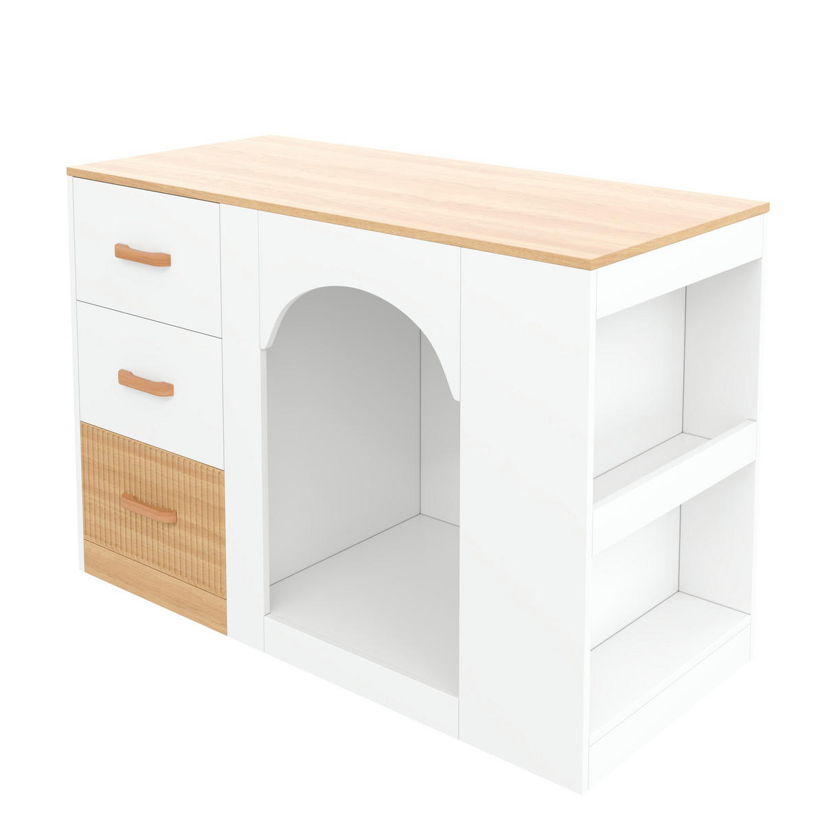 KÜCHENINSEL DE-41429 120/60/90 cm, 3 Schubladen und Haustierbereich Weiß/Holzoptik - Weiß, Holzwerkstoff (120/90/60cm) - ComfortXL