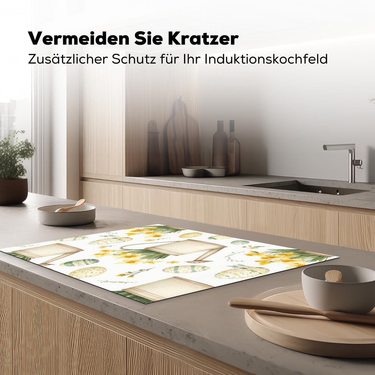 HERDABDECKPLATTE Gießkanne - Blumen - Eier Induktionsmatte 77x59 cm - Weiß, Kunststoff (77/59/0.2cm) - MuchoWow