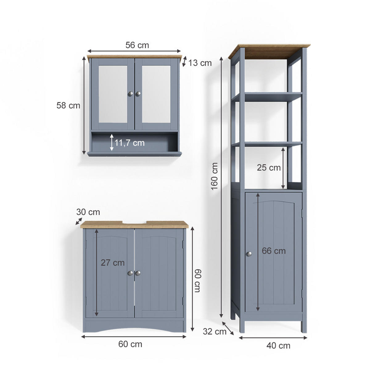 BADMÖBEL-SET Bianco Grau 3 Teile, mit Hochschrank - Grau, Holzwerkstoff (60/60/30cm) - Vicco