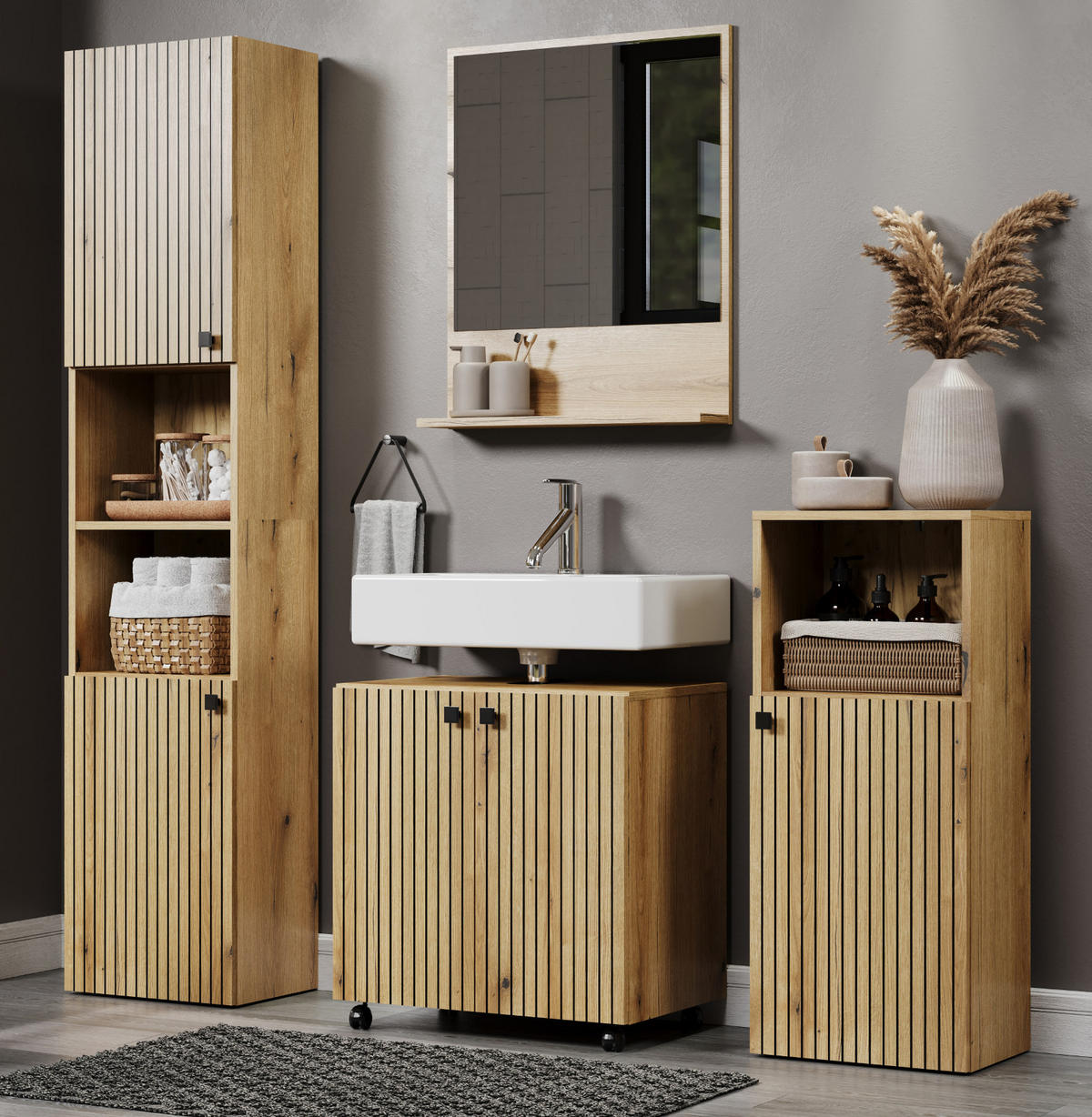BADMÖBEL-SET Evoke Eiche 4-teilig 160 x 190 cm, Badkombination mit viel Stauraum - Eichefarben/Schwarz, Glas/Holzwerkstoff (160/190/40cm) - Top.Furn