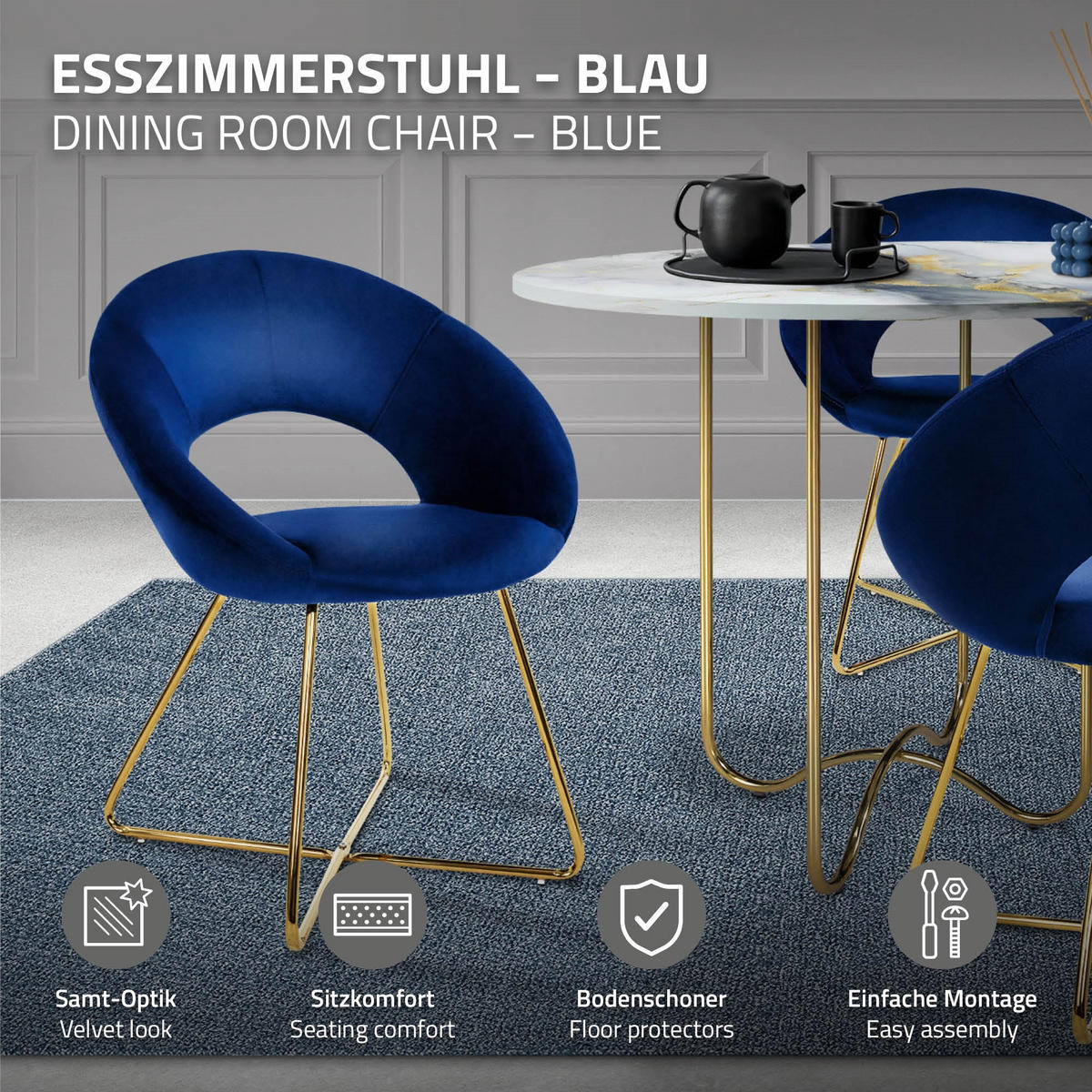 JÍDELNÍ ŽIDLE, sada 4 ks, modrý samet - modrá/zlatá, kov (53/77/64cm) - ML-DESIGN