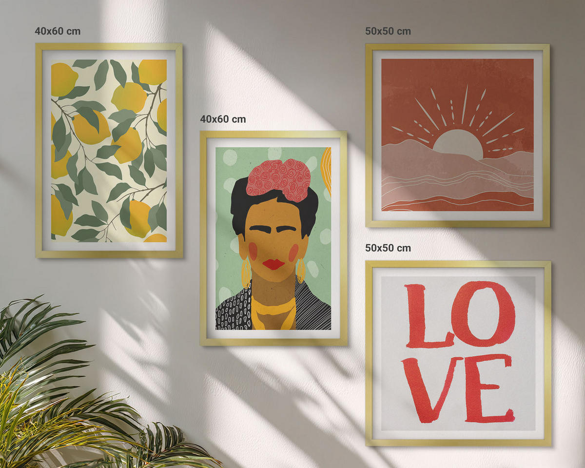 BILDER SET 4er Set - 50x50 cm & 40x60 cm Goldrahmen - Zitronen Inschrift Liebeslandschaft Frida - Goldfarben, Kunststoff (50/50cm) - TULUP