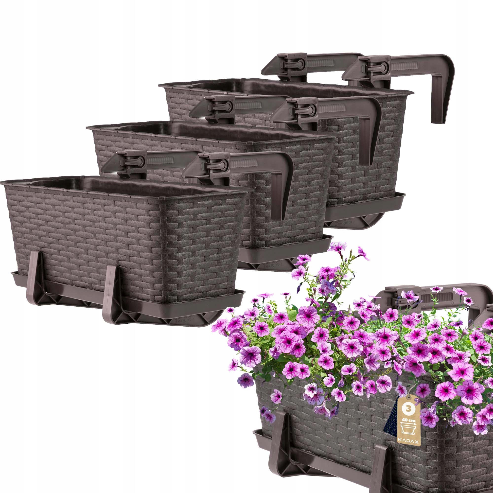 BALKONKASTEN mit Griffen, Braun, 40 cm, 3 Stk. - Braun, Kunststoff (17/40cm) - KADAX