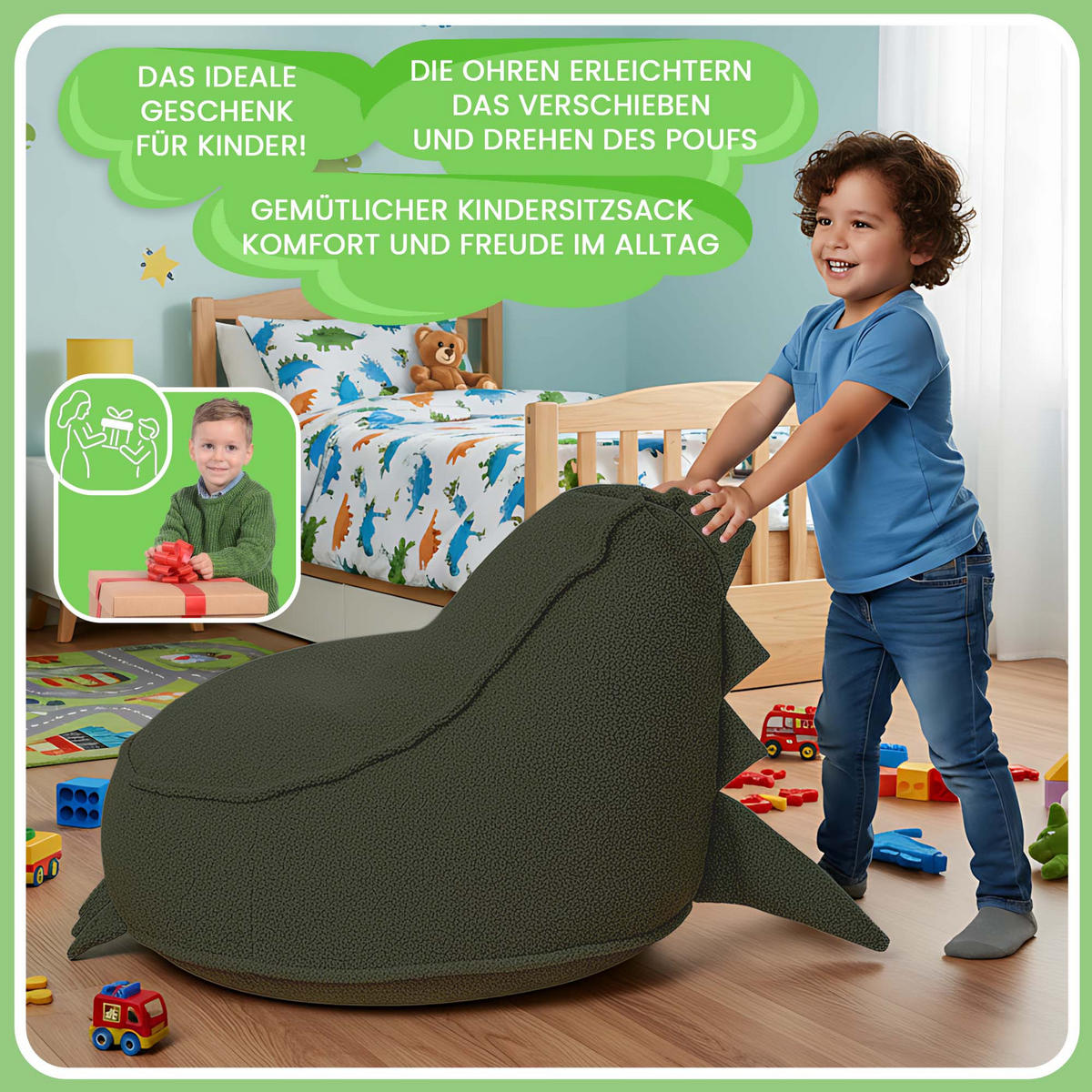 SITZSACK FÜR KINDER Dino 75/75/55 cm, weicher Bouclé 315 g/m², abnehmbarer Bezug, Forest Whisper - Dunkelgrün, Textil (75/55/75cm) - Dreamroots