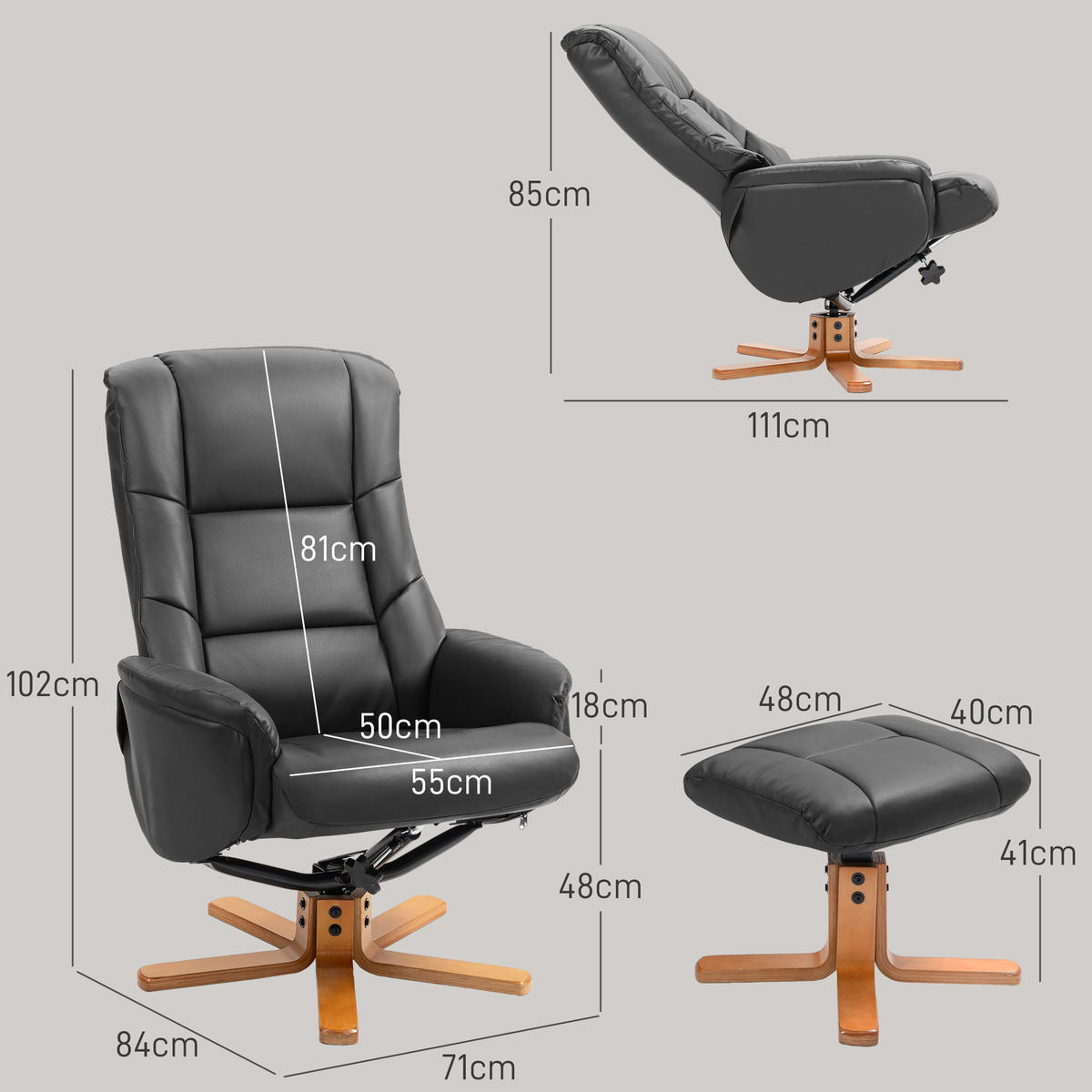 RELAXSESSEL mit Hocker, Fernsehsessel mit Liegefunktion, Wippfunktion, Schwarz - Schwarz, Leder/Holz (84/102/71cm) - HOMCOM