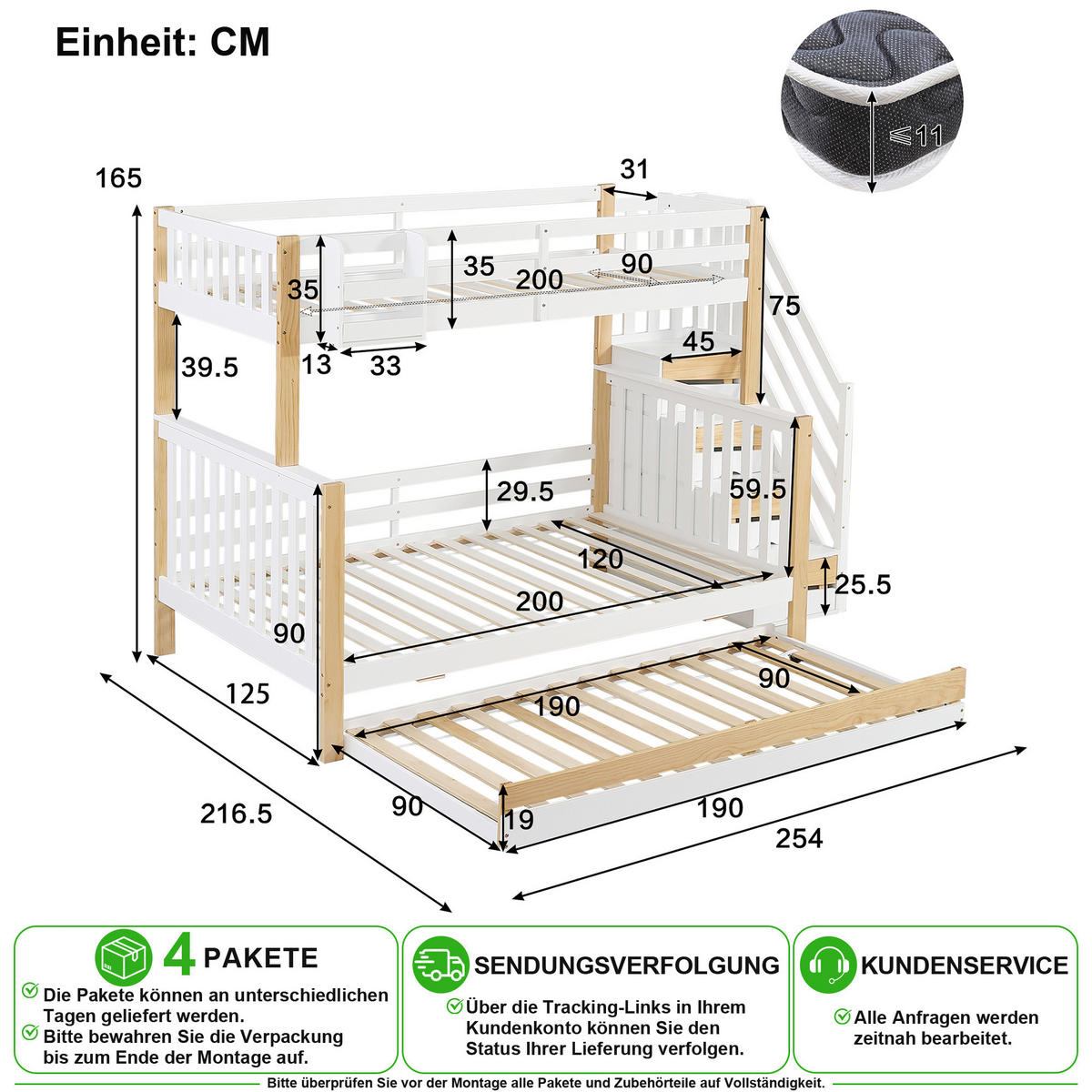ETAGENBETT 90/200 cm & 120/200 cm in Weiß & Natur mit Rollbett, Regal und Treppe - Weiß/Naturfarben, Holz/Holzwerkstoff (90/200cm) - CHICFURN