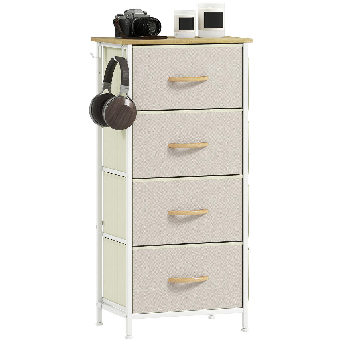 KOMMODE DE-12483 4 Schubladen mit Seitentaschen und Haken 45/30/94,5 cm Beige - Beige, Metall (45/94.5/30cm) - ComfortXL