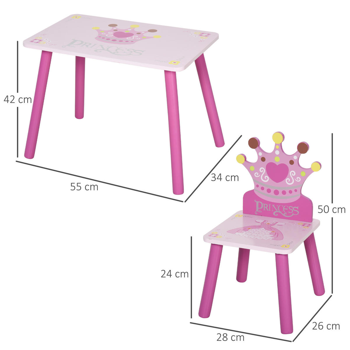 KINDERSITZGRUPPE DE-17499 3-teilig mit Kronenmotiv Rosé - Pink, Holzwerkstoff (34/42/55cm) - ComfortXL