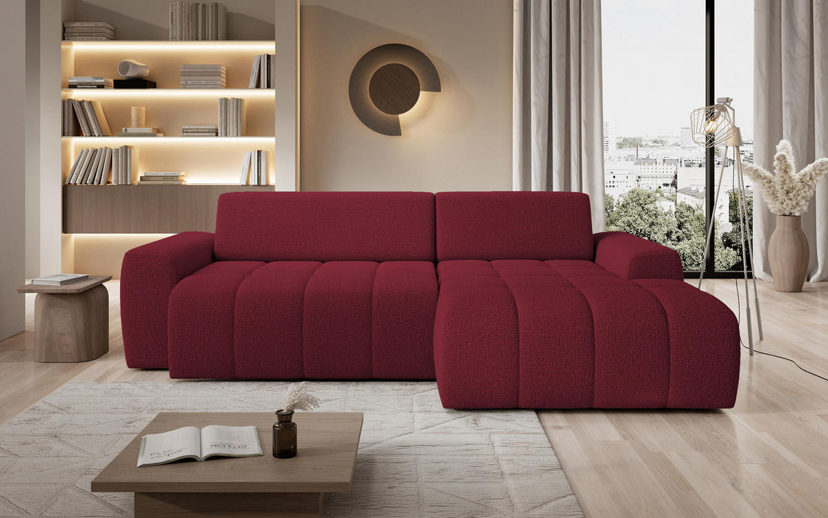 ECKSOFA Savio Freistehend, mit Abriebfestem Kansas-Stoff, Maße 265x172x81 cm, Ausziehbare Sitzfläche 206x92 cm, Rechte, – Kirsche - Bordeaux, Holz/Textil (265/172cm) - DomoHome