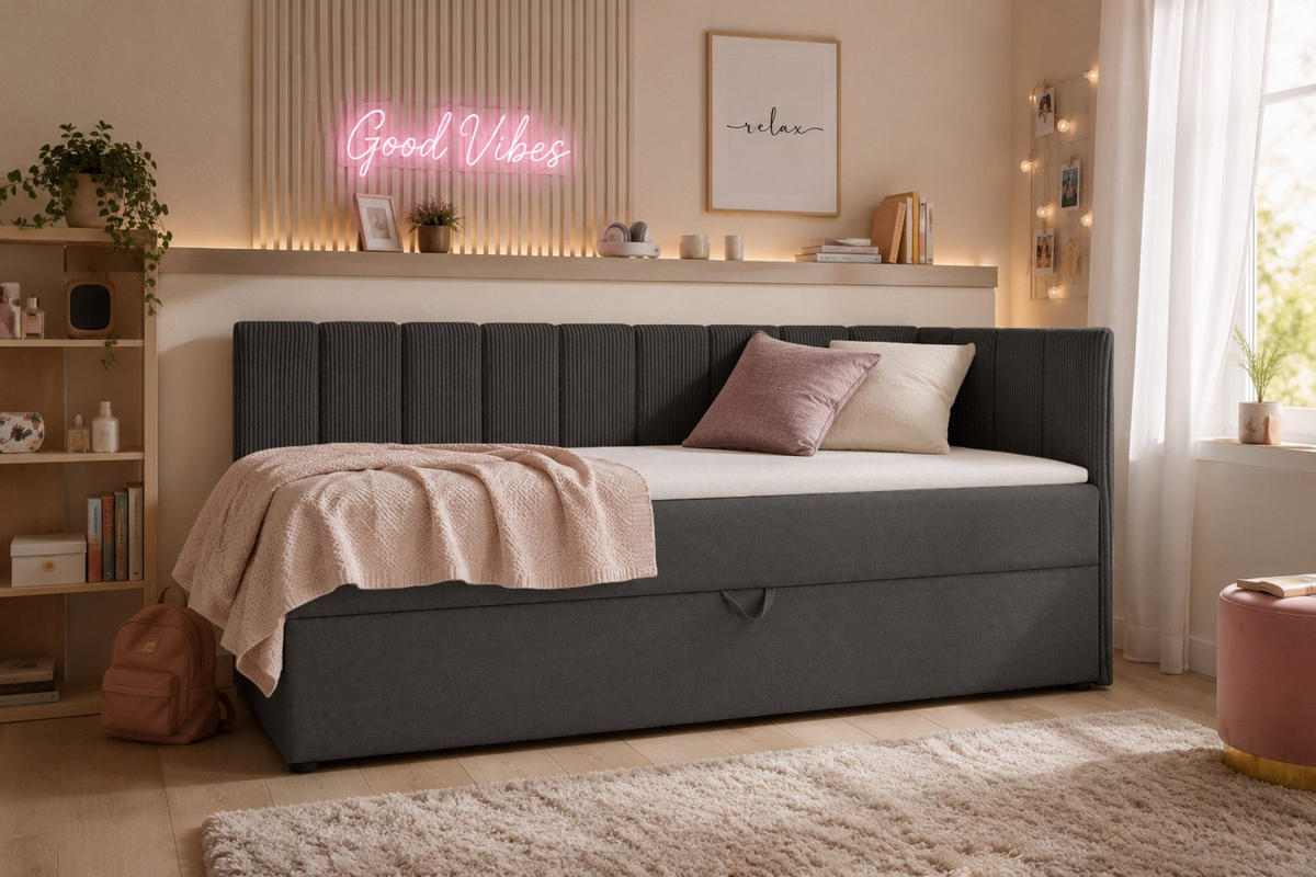 BOXBETT VIGO 90/200 cm in Cord/Velours Anthrazit H4 rechts - Anthrazit, Holz/Holzwerkstoff (90/200cm) - Deine Möbel 24