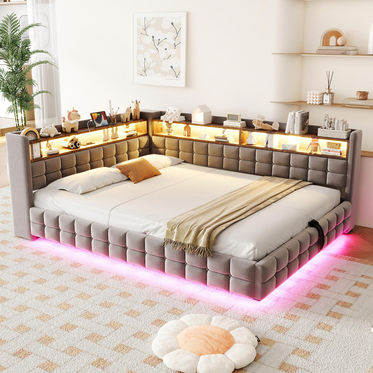 POLSTERBETT Hellgrau 140×200cm mit hydraulischem Stauraum, Holzregal, LED-Lichtleiste und Ladeanschlüssen - Hellgrau, Textil (140/200cm) - Luhomfu