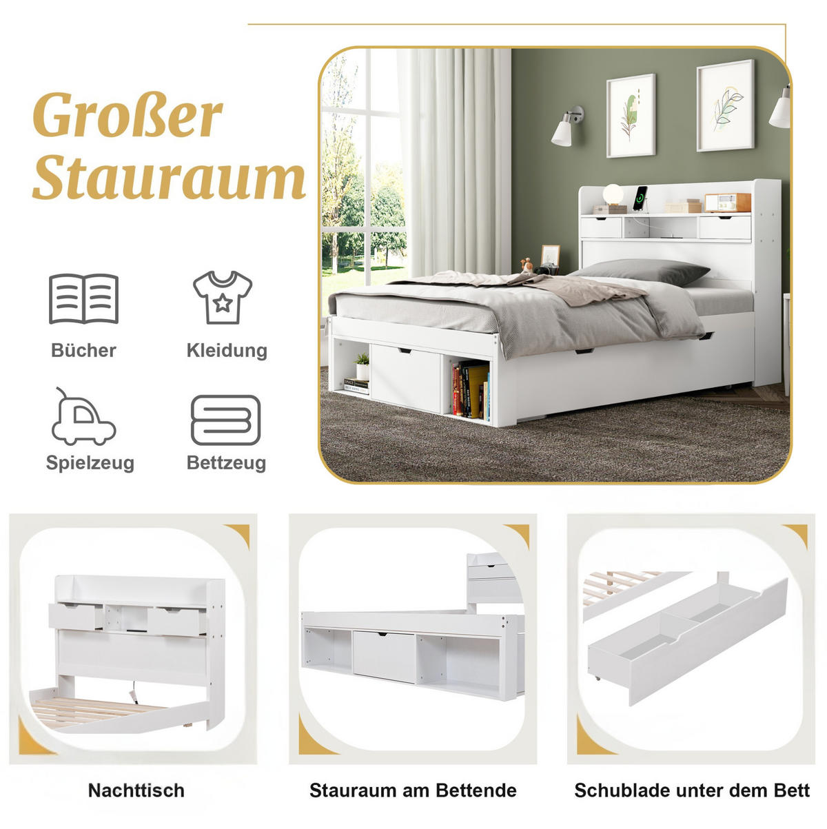 KINDEREINZELBETTEN aus Kiefernholz 90x200 cm in Weiß mit USB-Anschluss & Stauraum - Weiß, Holz (90/200cm) - Modfu