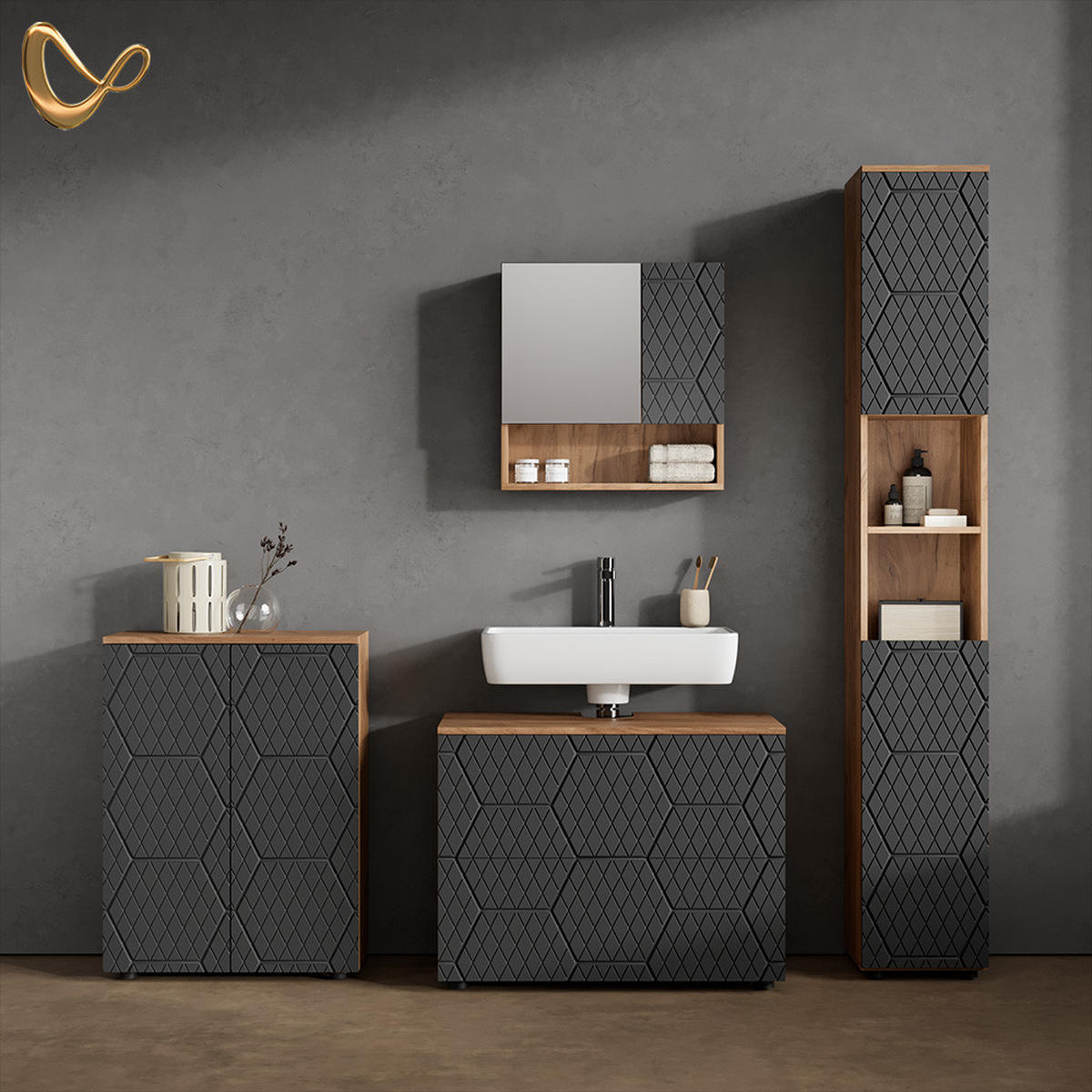 BADMÖBEL-SET Ronco Anthrazit gestreift 4 Teile, mit Schubladenschrank und Midischrank - Anthrazit/Eiche Wotan, Holzwerkstoff (80/58/41cm) - Livinity®