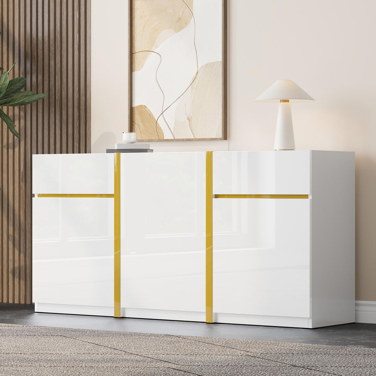 SIDEBOARD Hochglanz 3 Türen 2 Schubladen modern - Weiß, Holz (160/78/40cm) - LEBENLANG