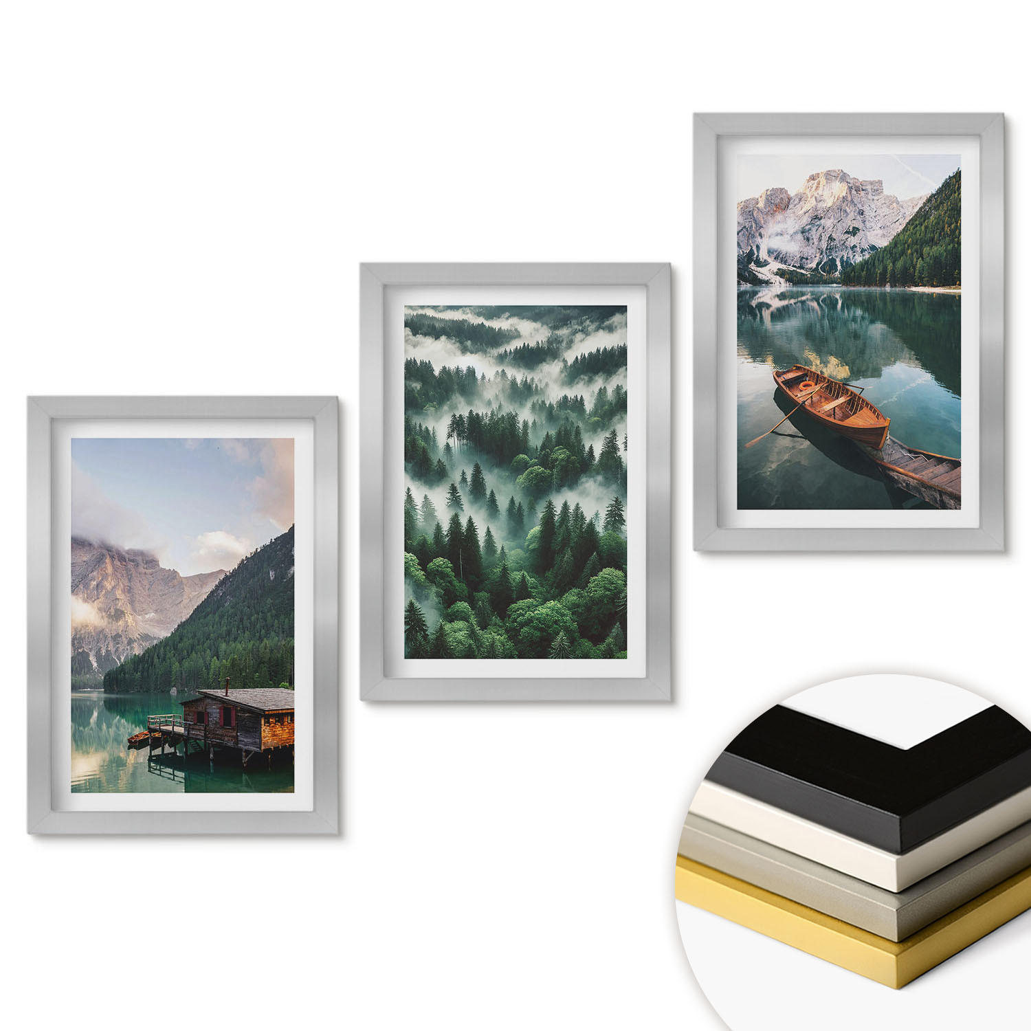 WANDBILDER 3er Set - 20x30 cm Silberner Rahmen - Bergsee, Boot, Waldnebel - Silberfarben, Kunststoff (20/30cm) - ArtPrintCave