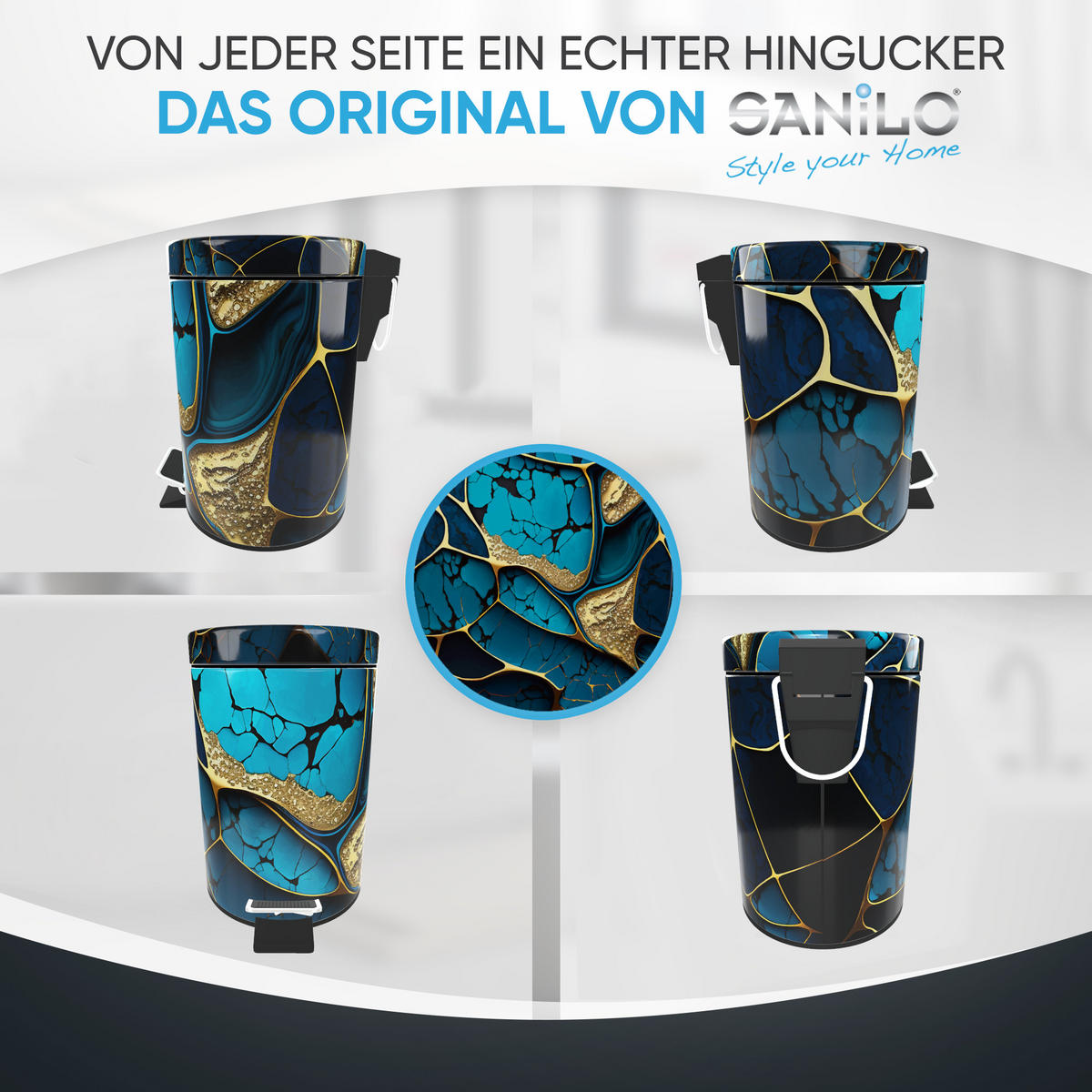 KOSMETIKEIMER Marmor Cobalt - Blau/Goldfarben, Kunststoff/Metall (17/25/25cm) - Sanilo