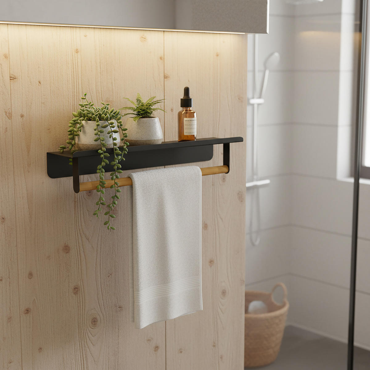 VEŠIAK na uteráky - čierna, kov/drevo (45/9/8cm) - Relaxdays
