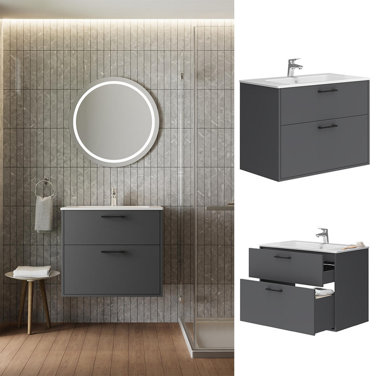 WASCHBECKENUNTERSCHRANK Lanco Anthrazit 80 x 61.5 cm mit Waschbecken - Anthrazit, Holzwerkstoff (80/61.5/45.5cm) - Vicco