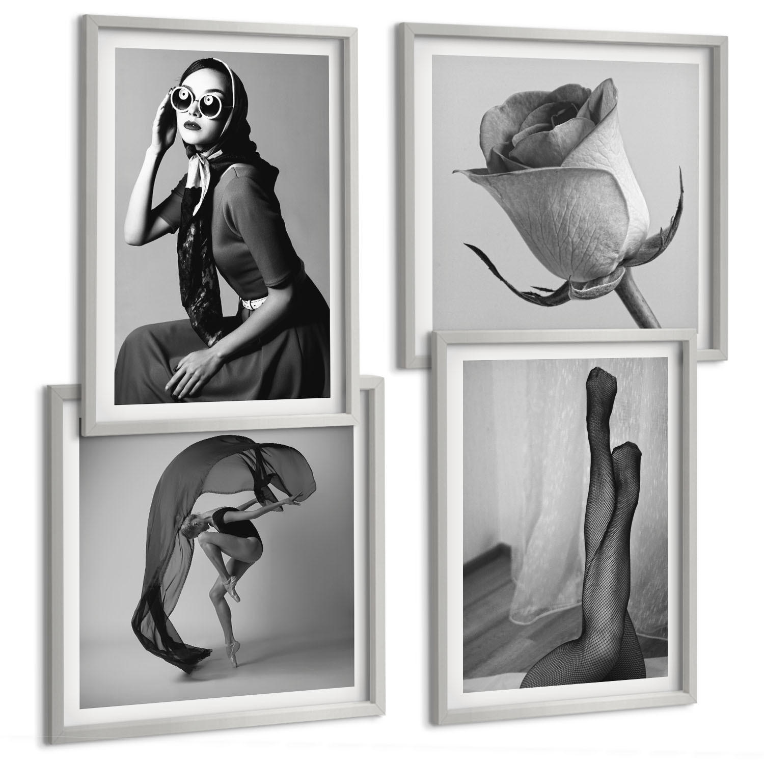 BILDER SET 4er Set - 50x50 cm & 40x60 cm Silberner Rahmen - Stilvolle Porträts eleganter Frauen - Silberfarben, Kunststoff (50/50cm) - TULUP
