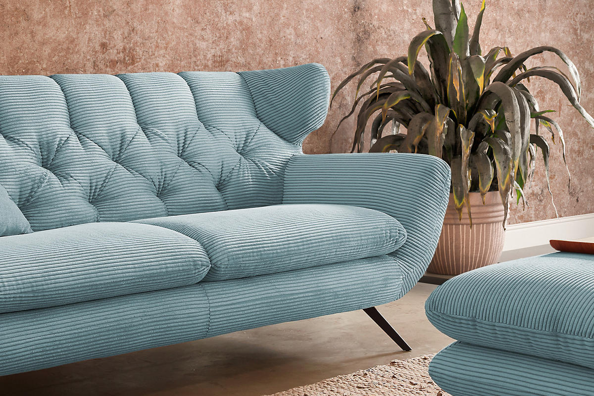 SOFA CHARME Blau Cord - Blau/Schwarz, Textil/Metall (200/94/95cm) - KAWOLA