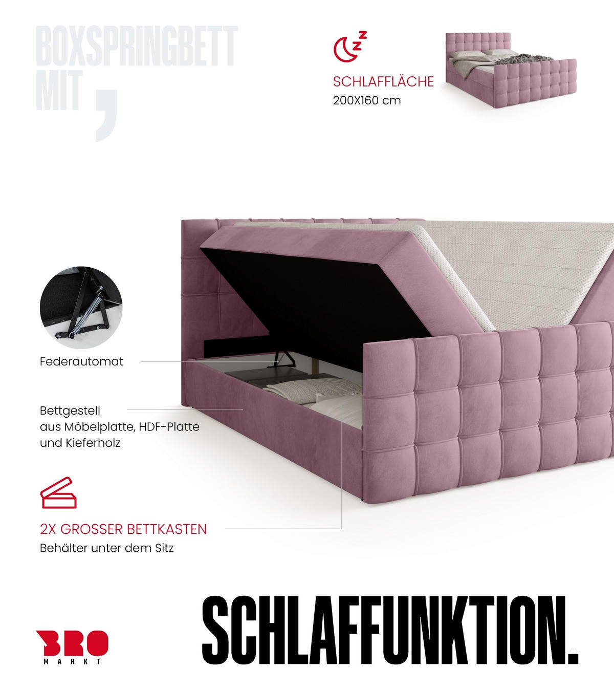 BOXBETT Detroit Duo mit Topper 160/200 Puderrosa - Rosa, Textil (160/200cm) - Bromarkt