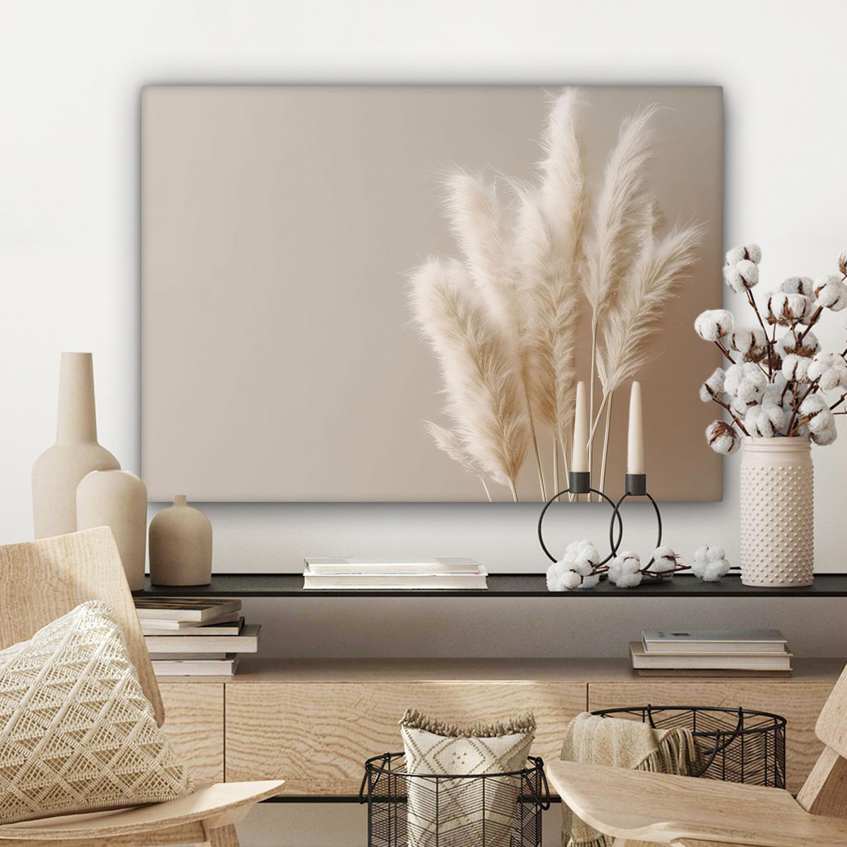 LEINWANDBILD Pampasgras - Federn - Pastell - Weiß Wandbilder 80x60 cm - Naturfarben, Textil (80/60cm) - MuchoWow