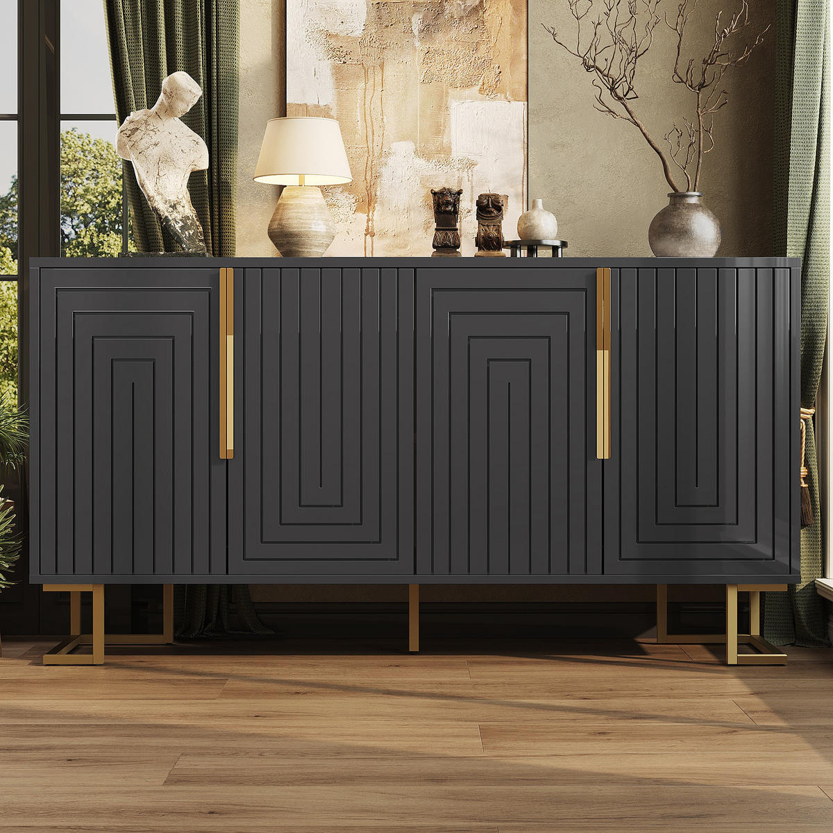 SIDEBOARD aus MDF 152x40x75 cm Schwarz mit 2 Türen, 4 Fächern, geometrischer Front und Kippschutz - Schwarz, Holzwerkstoff (152/75/40cm) - Modfu