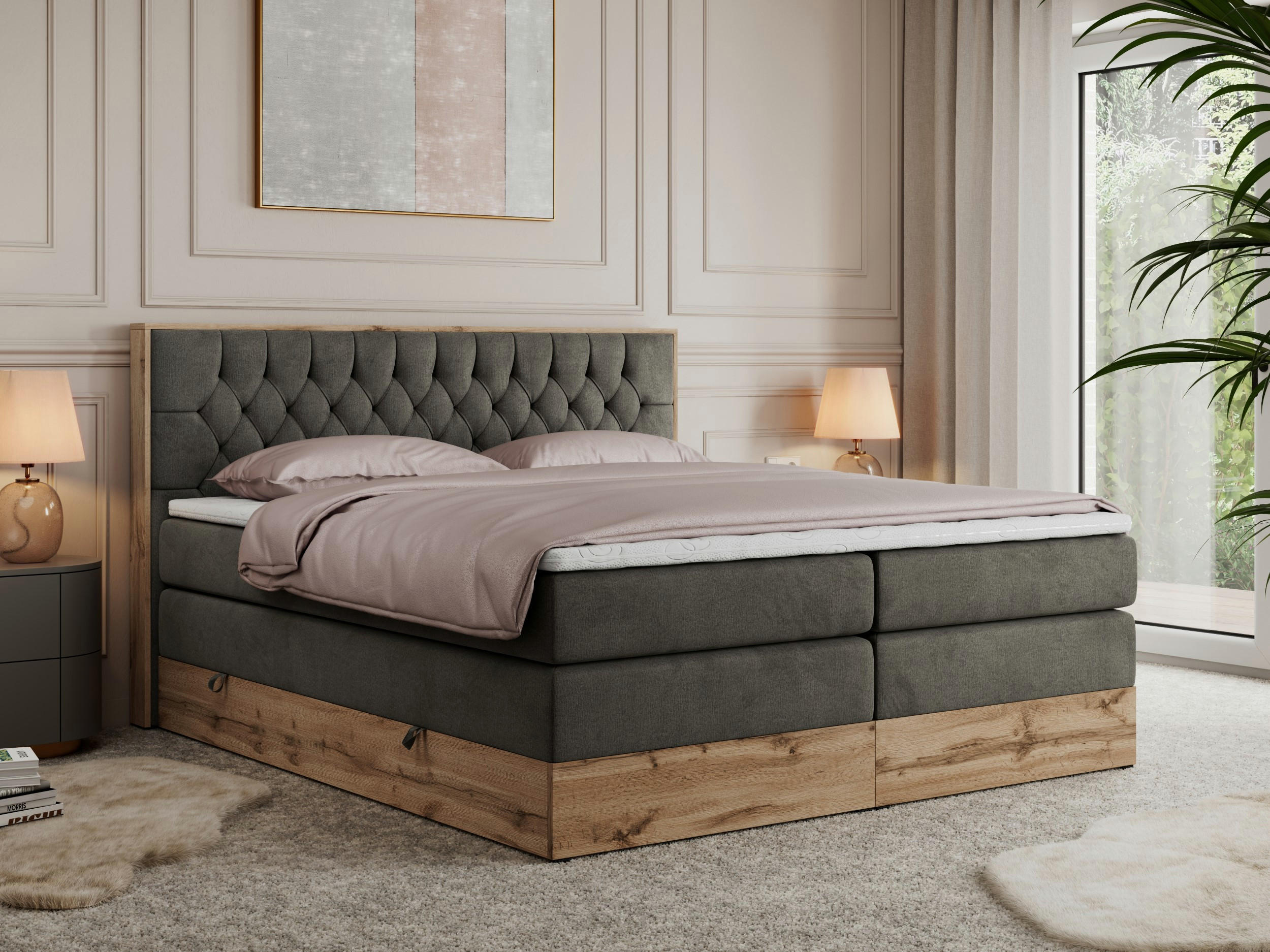 Thumbnail - MKS Boxspringbett, Dunkelgrau, Textil, 2-Sitzer, H4, Rechteckig, 160x200 cm, Schlafzimmer, Betten, Boxspringbetten