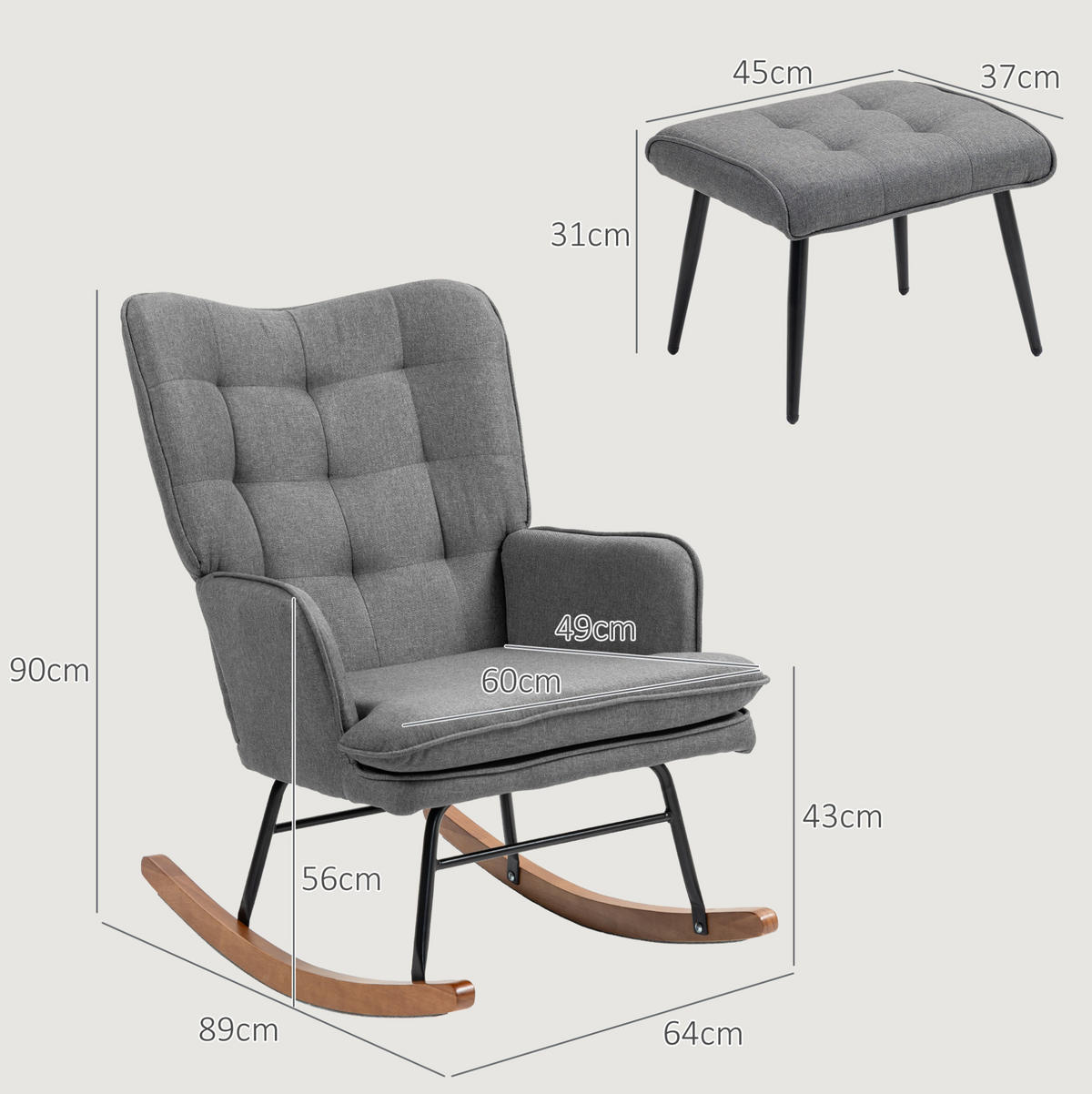 HOUPACÍ židle s taburetem 64/89/90 cm tmavě šedé, polyester - tmavě šedá, textil (89/90/64cm) - BEAOK