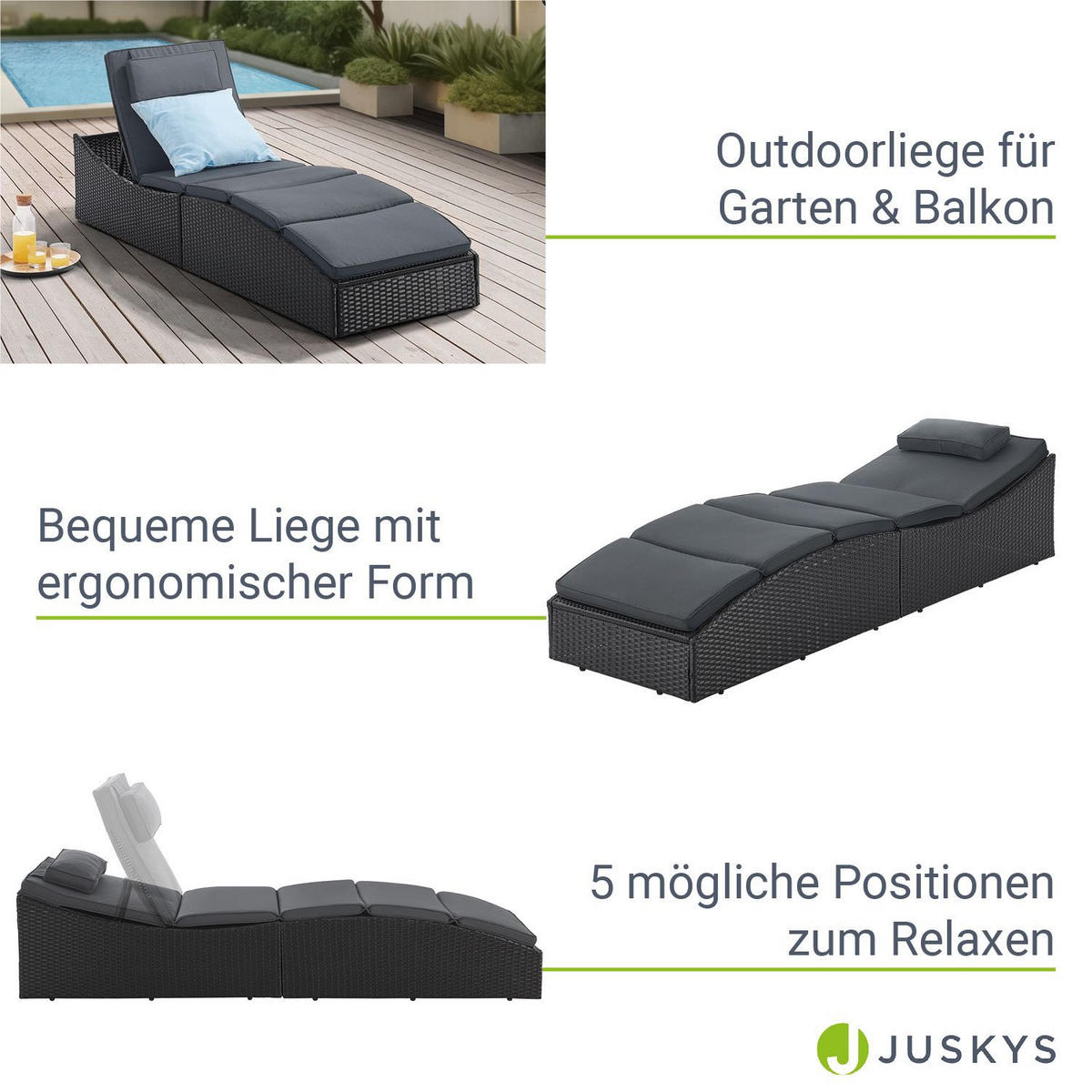 SONNENLIEGE Lamia schwarz faltbar - Schwarz, Kunststoff (60/40/200cm) - Juskys