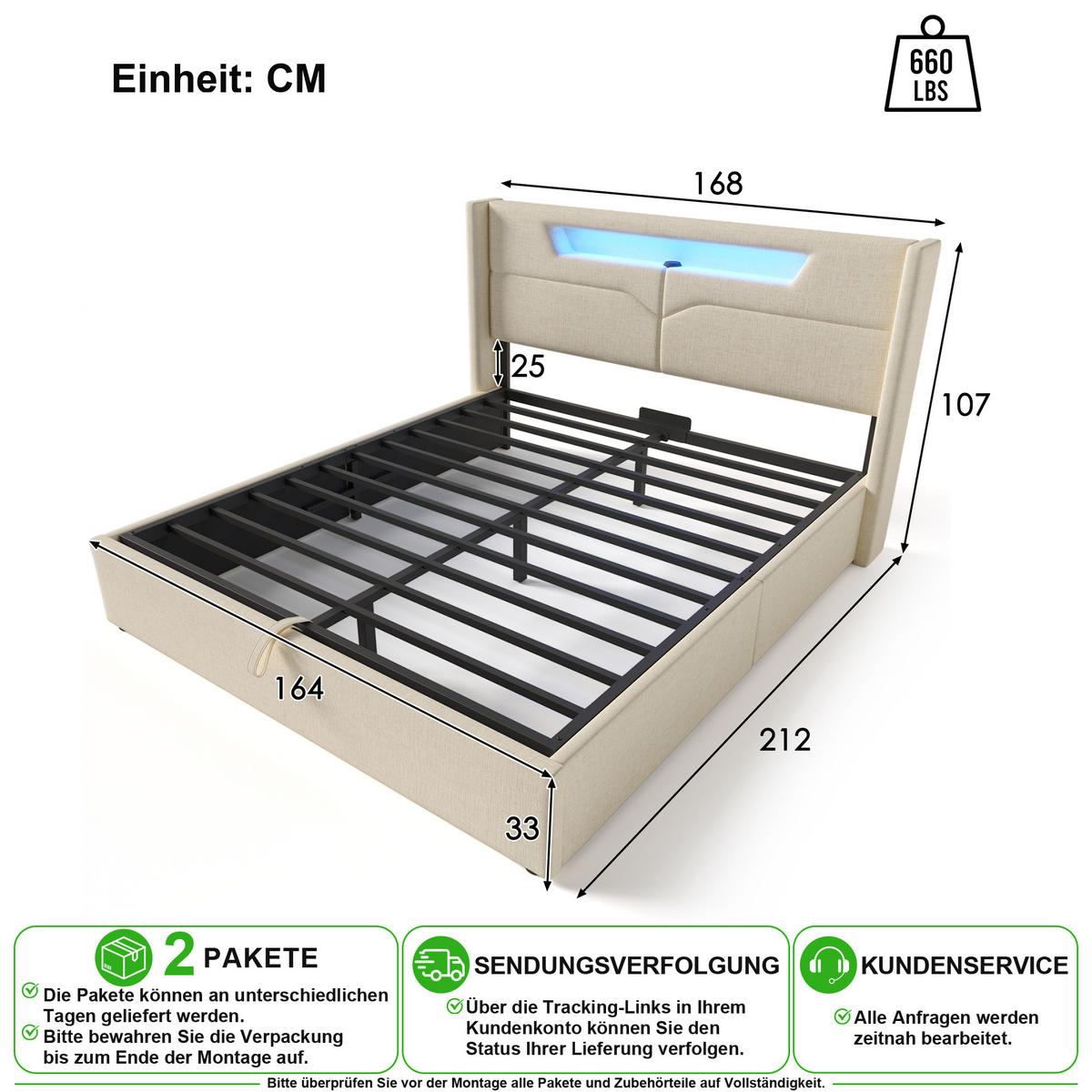 POLSTERBETT 160/200 cm in Beige Leinen mit Bettkasten, LED und USB/Type-C - Beige, Holzwerkstoff/Textil (160/200cm) - CHICFURN