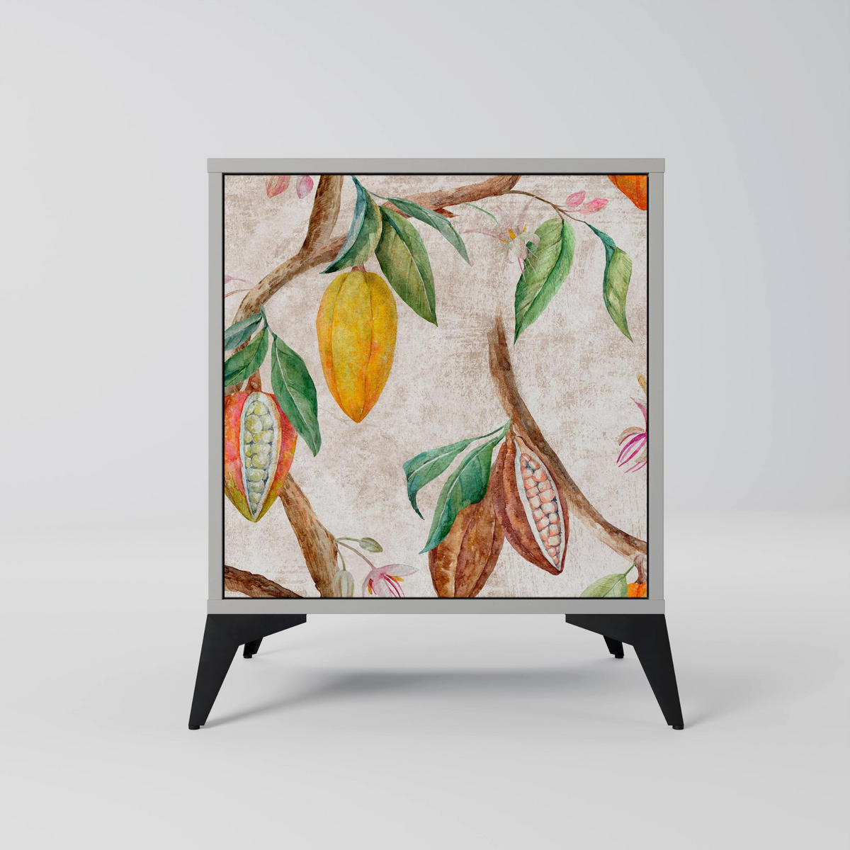 SIDEBOARD COCOA FRUITS, Grau, 57,5x42x77,5 cm, Schräge Buchenholzfüße - Buchefarben/Multicolor, Holzwerkstoff/Buchenholz (57.5/77.5/42cm) - SpaceRebels