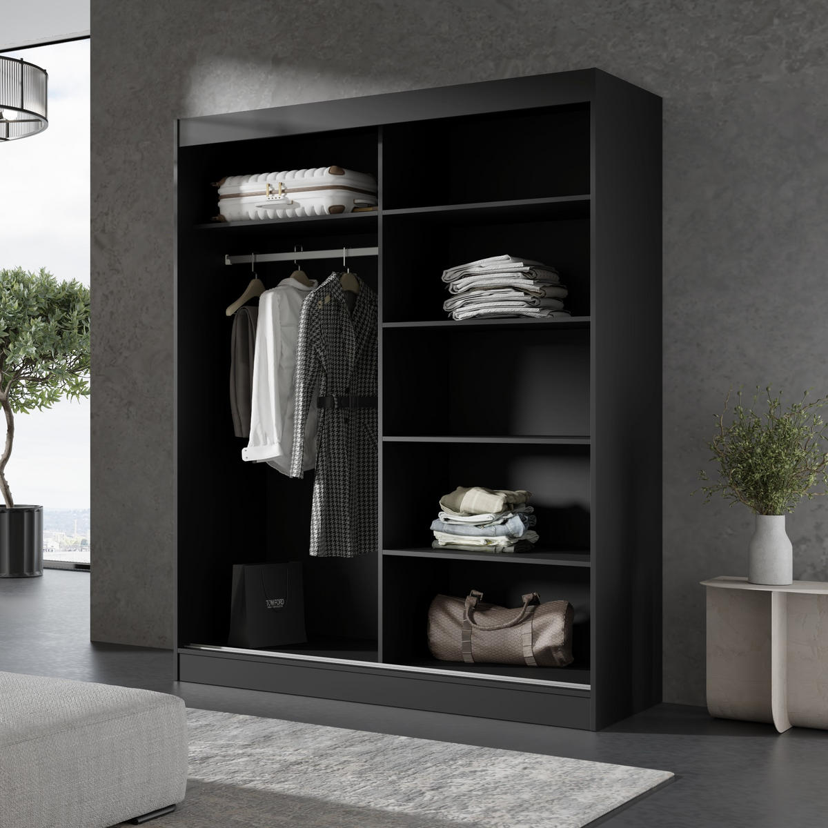 SCHIEBETÜRENSCHRANK mit Spiegel Como 2D1L 150 Schwarz (lacobel) - Silberfarben/Schwarz, Holzwerkstoff/Metall (150/201/65cm) - mzm24