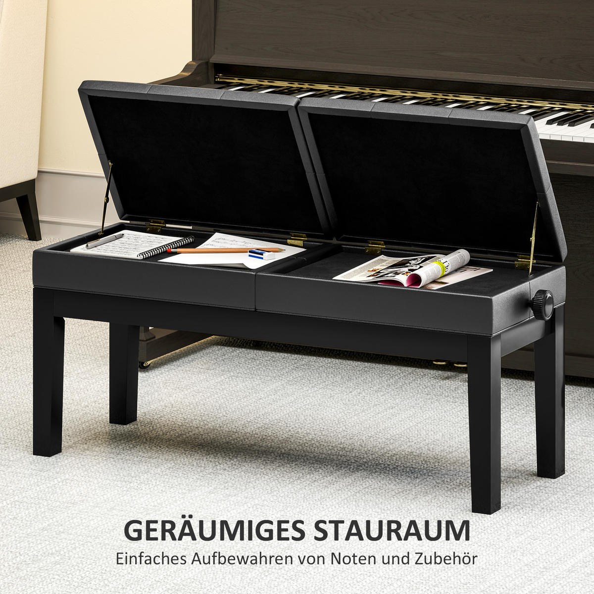 KLAVIERBANK DE-07143 verstellbarer Doppelsitz, Stauraum, bis 220 kg Schwarz - Schwarz, Holz (37/58/105cm) - ComfortXL