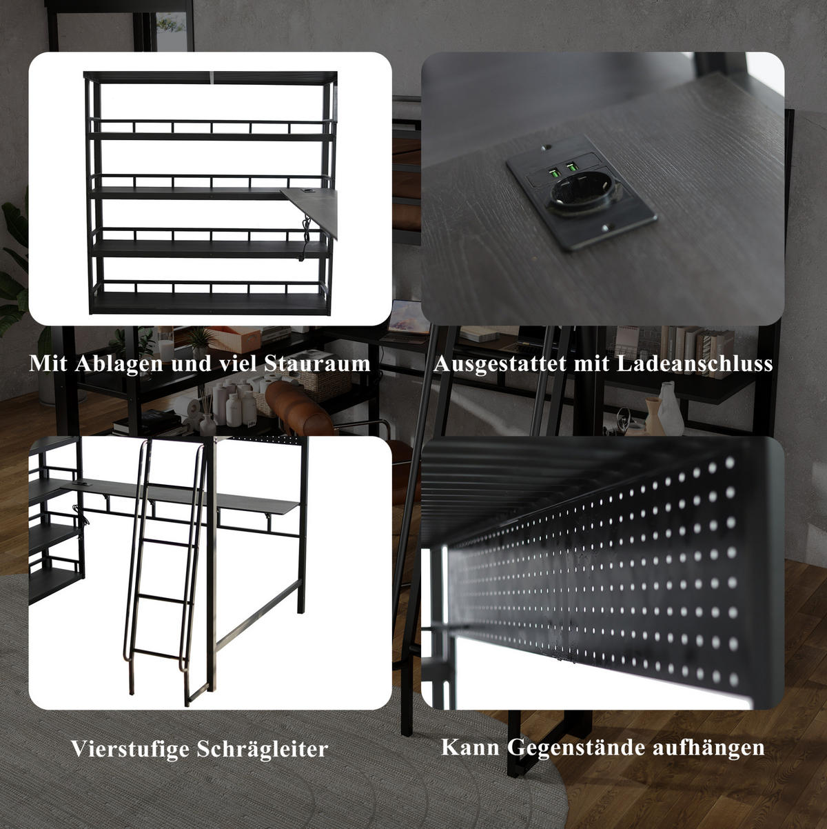 HOCHBETT 140/200 cm Schwarz aus Eisen und Spanplatte mit Ablagen und Ladeanschluss - Schwarz, Metall (140/200cm) - OKMYHOME