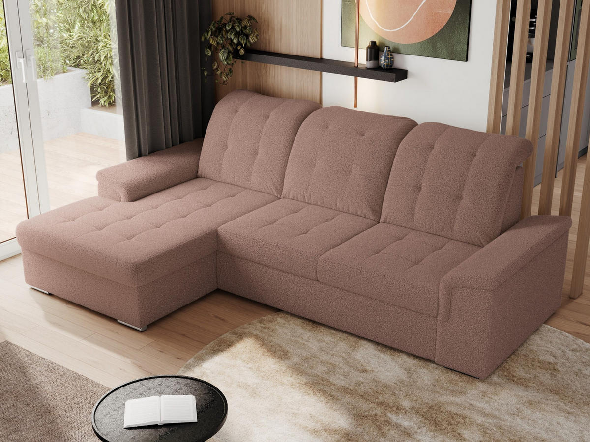 ECKSOFA MADRITO L - Rosa Boucle - Links - Silberfarben/Rosa, Textil/Metall (160/256cm)