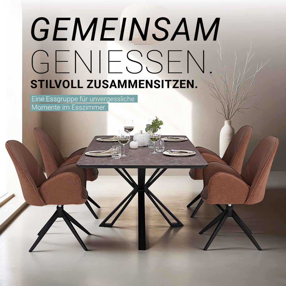 TISCHGRUPPE 200x100 cm schwarz mit 4 Stühle Braun - Braun, Metall (100/90/200cm) - Homestyle4u