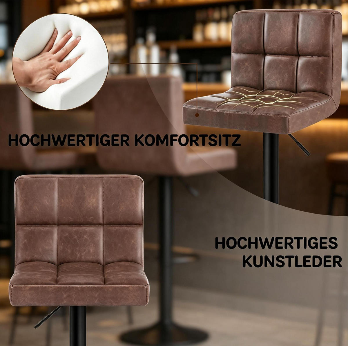 BARHOCKER mit Rückenlehne und Armlehnen, 360° drehbar, höhenverstellbar, dunkelbraun - Dunkelbraun, Metall (44/114/38cm) - MIVRAY