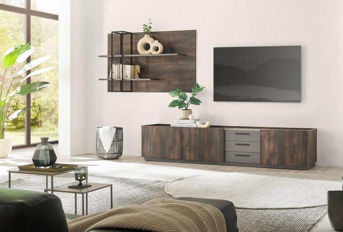 WOHNWAND Thermo Eiche, grau, Set 3-teilig mit XXL TV-Lowboard und Soft-Close - Eichefarben/Grau, Holzwerkstoff/Metall (316/200/45cm) - Furn.Design