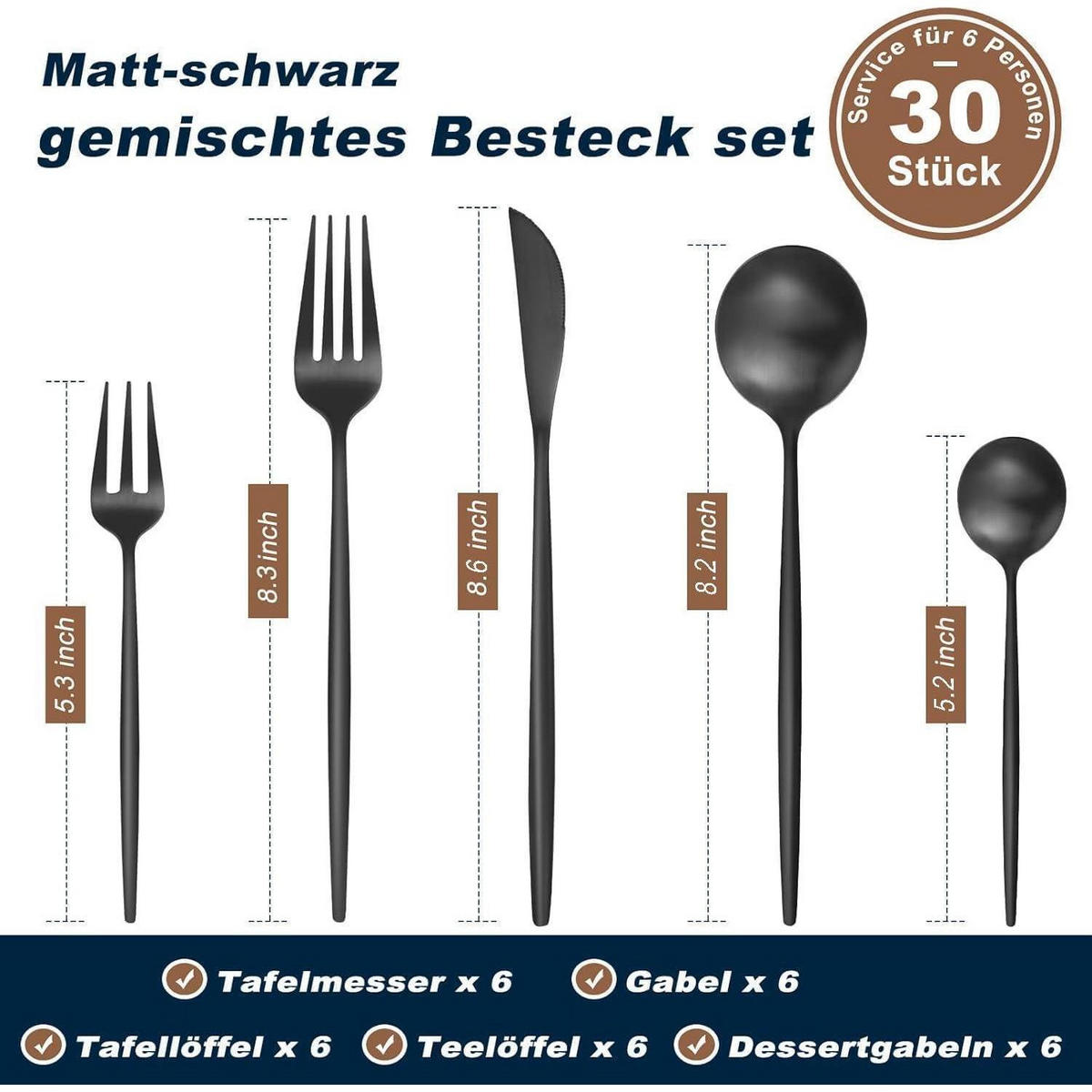 BESTECKSET 30-teilig Schwarz Matt für 6 Personen - Schwarz, Metall