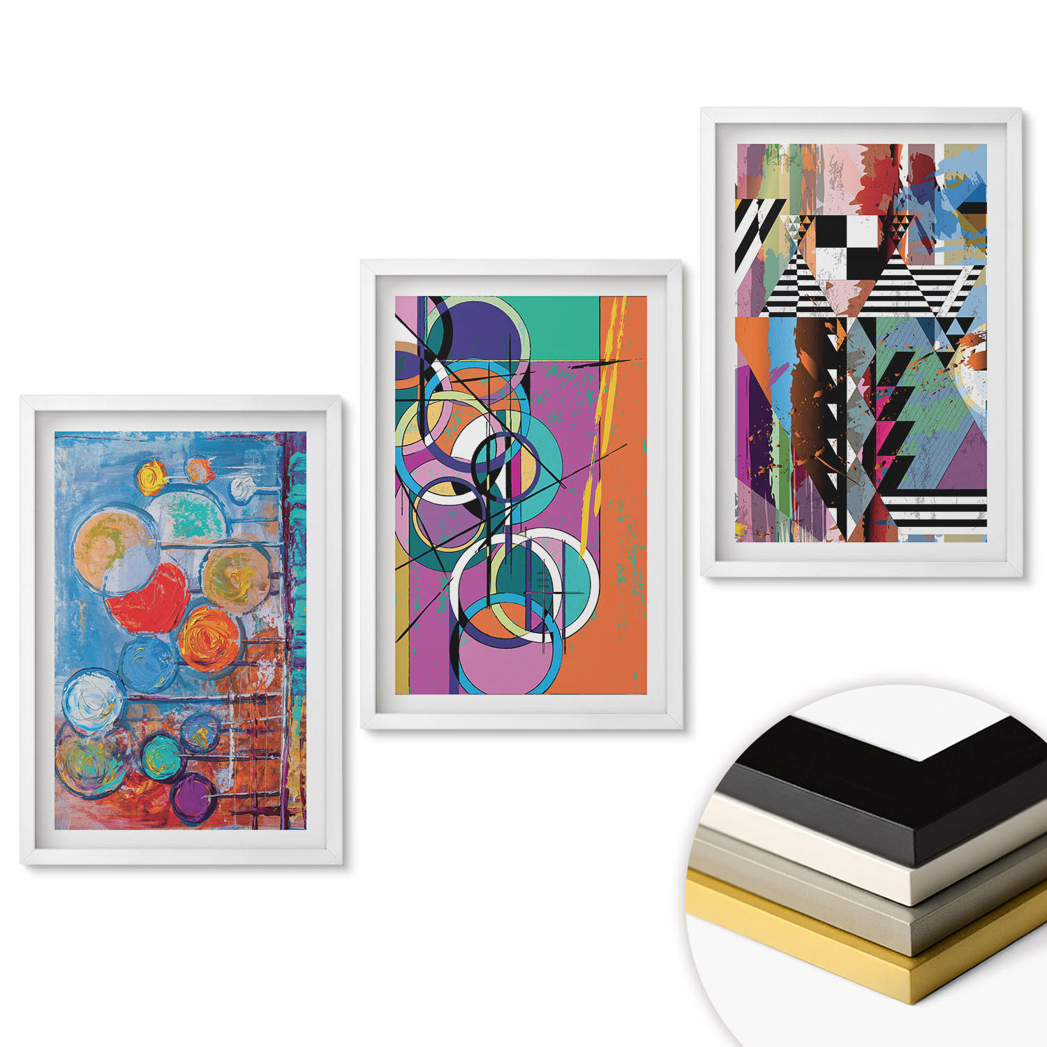 WANDBILDER 3er-Set - 40x60 cm Weißer Rahmen - Bunte abstrakte Kreise Geometrie - Weiß, Kunststoff (40/60cm) - ArtPrintCave