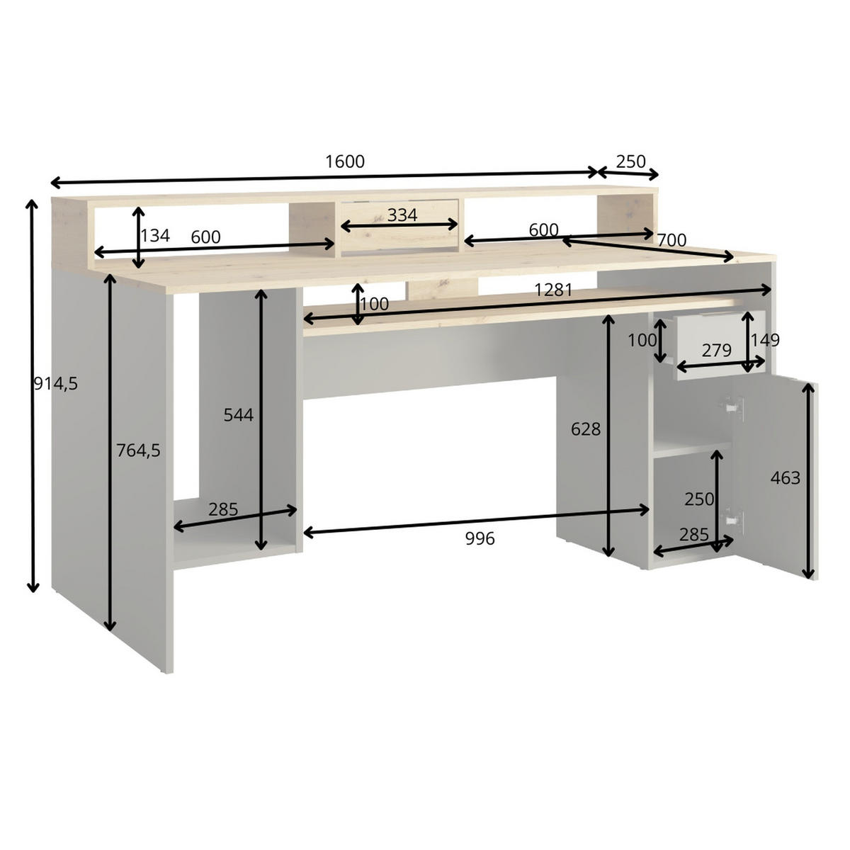 SCHREIBTISCH Graphit, Eiche Artisan 160/91,45/70 - Eiche Artisan, Holzwerkstoff (70/160/91cm) - RAUMHIRSCH FURNITURE