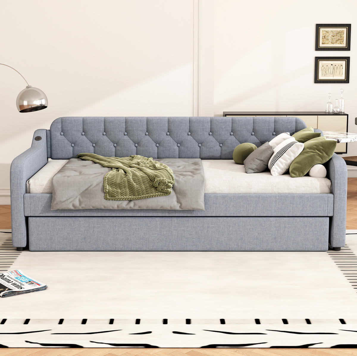 POLSTERBETT 90/200 cm mit Polsterbett und USB-Anschluss, Grau - Grau, Textil (90/200cm) - Flora Grace