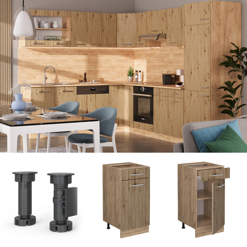 Thumbnail - Vicco Küchenunterschrank, Eiche Artisan, Honigeiche, Holzwerkstoff, 3 Fächer, Rechteckig, 40x81.6x60 cm, Küchen, Küchenm...