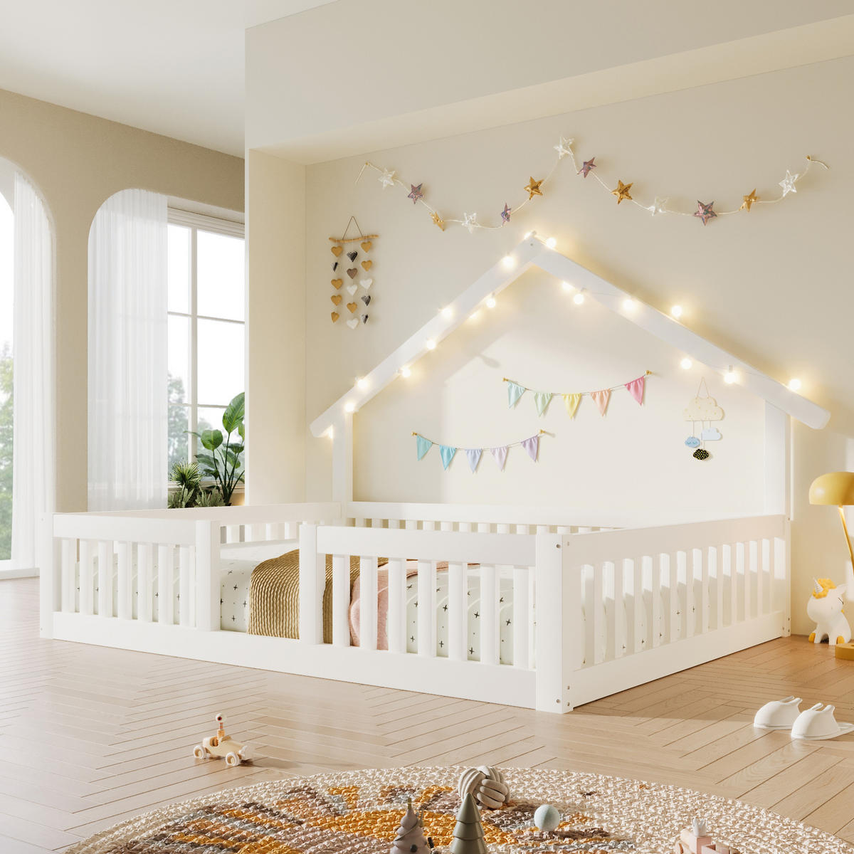 KINDERBETT 140/200 cm in Weiß mit LED und Sicherheitsgitter aus Holz im Hausdesign - Weiß, Holzwerkstoff (140/200cm) - STILVORA